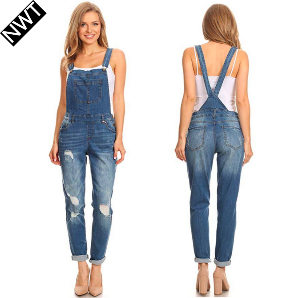NEW Light Wash Distressed Skinny Denim Overalls